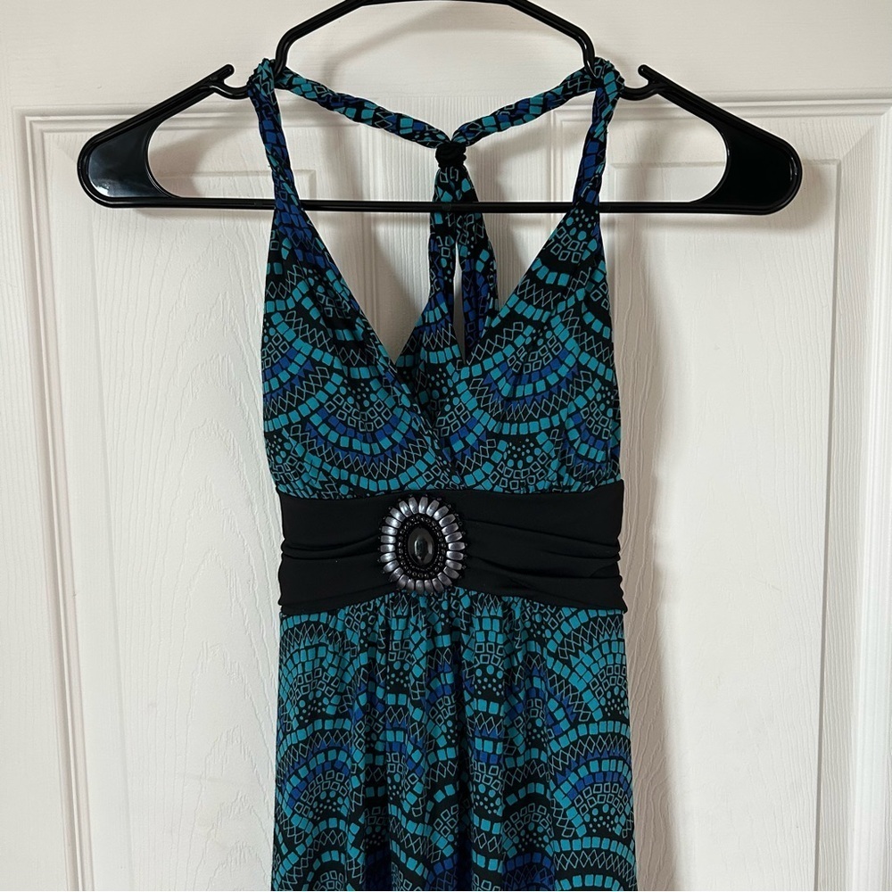 Y2K Candies Blue and Black Patterned Jeweled Mini Racerback Club Summer Dress